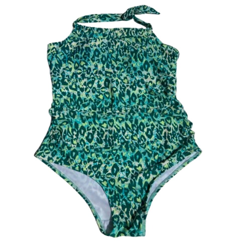 Serra NWT Swimsuit One Piece Halter Blue-Green Cheetah Premium Molded Cups Large